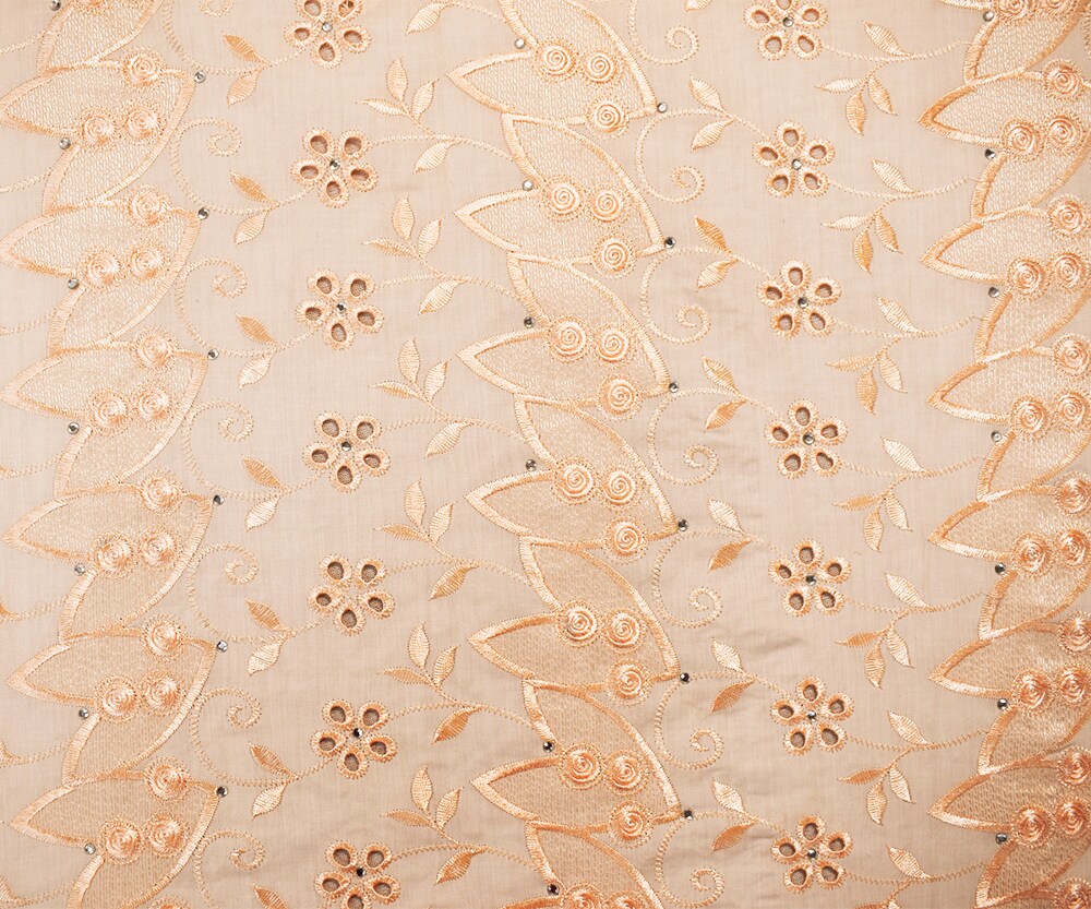 Warm Beige Poly-Cotton Floral Vine Eyelet Scalloped Rhinestone Woven Fabric By the Yard