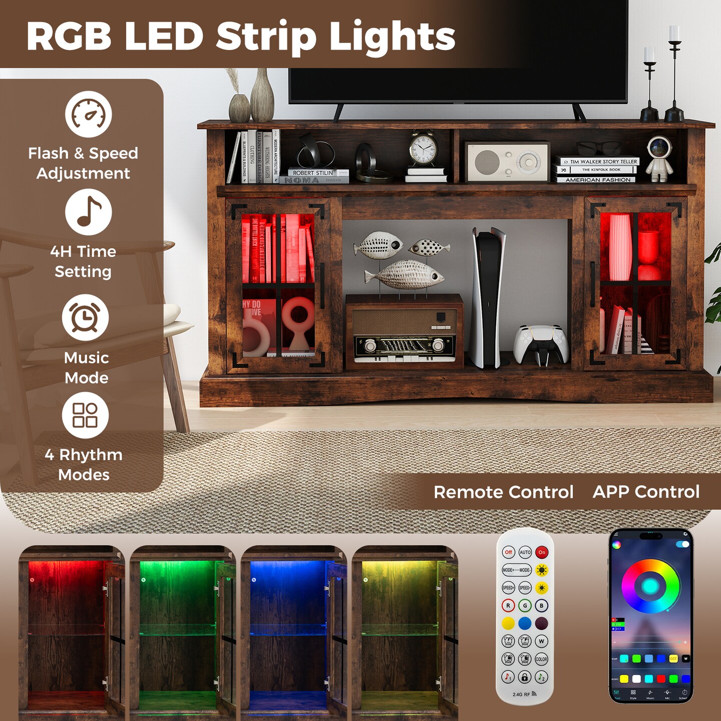 TV Stand with LED Lights, Remote Control, and Adjustable Shelves