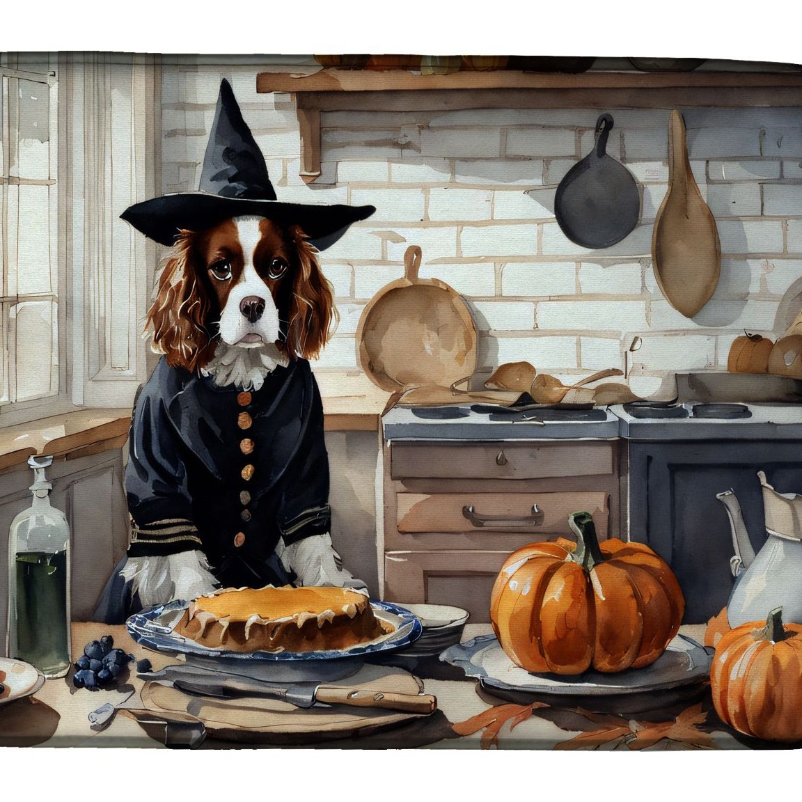 Edge Collections - 14" x 22" - Multicolor - Cavalier Spaniel Fall Kitchen Pumpkins Dish Drying Mat - 1 Piece