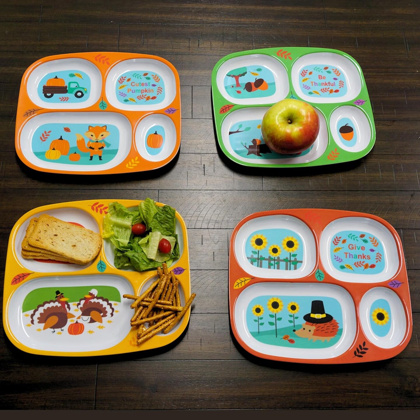 4E&#x27;s Novelty 4 Pack Fall Thanksgiving Melamine Dinnerware Set for Kids &#x2013; Sectioned Toddler Plates with Dividers, BPA-Free, Break Resistant, Dishwasher Safe, Autumn Harvest Plates for Toddlers