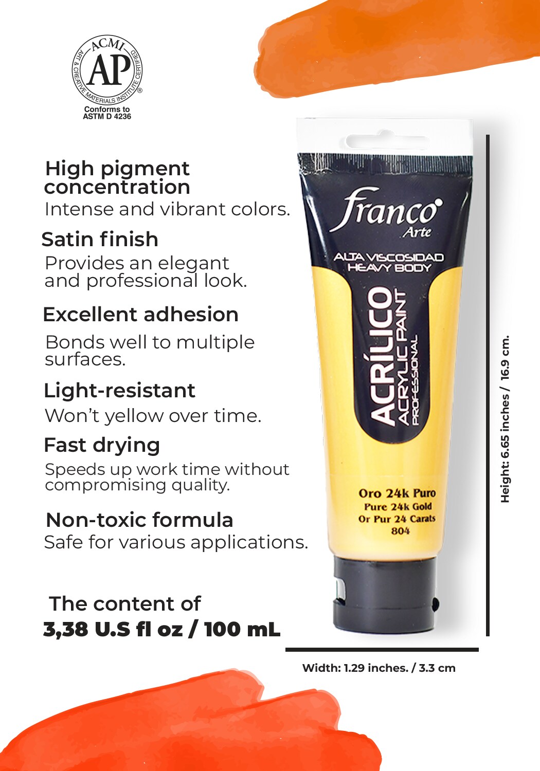 14804-100 Professional Acrylic Paint 3,38 U.S fl oz / Pure 24k Gold / Heavy Body