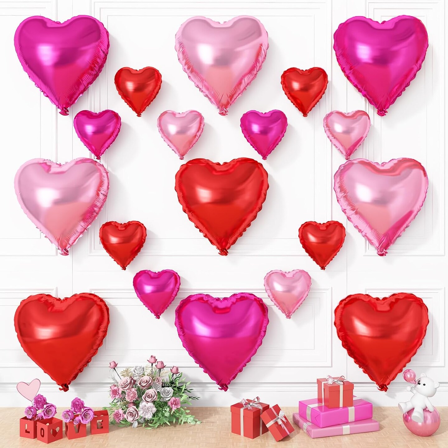 Red Pink Heart Balloons, 19PCS Light Pink Heart Shape Balloon, 18Inch with 10Inch Hot Pink and Red Helium Mylar Love Heart Balloon for Birthday Bridal Shower Wedding Valentine Anniversary Decorations