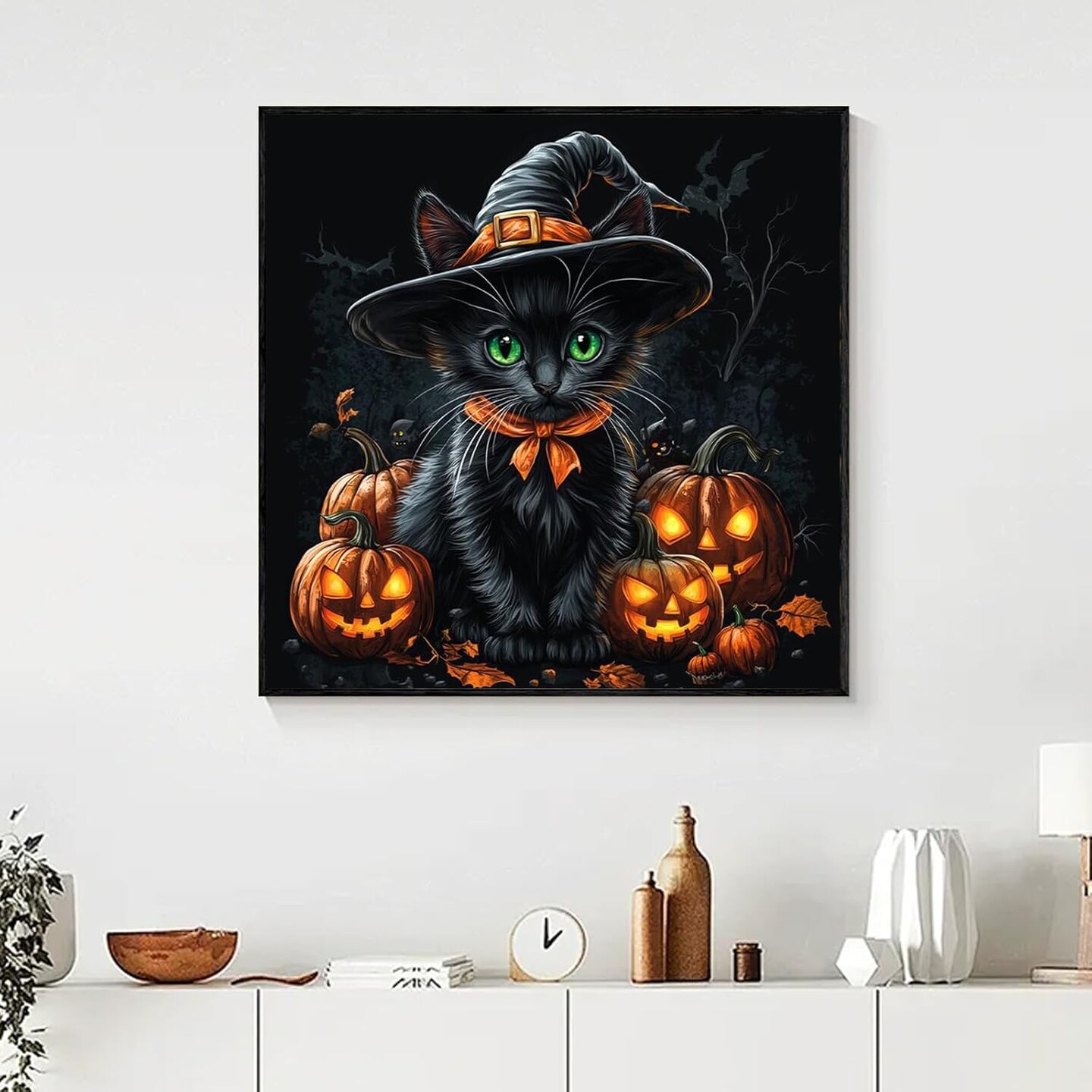 Halloween Diamond Art Kits for Adults, Black Cat Diamond Painting Kit for Beginners(14x14 Inch)