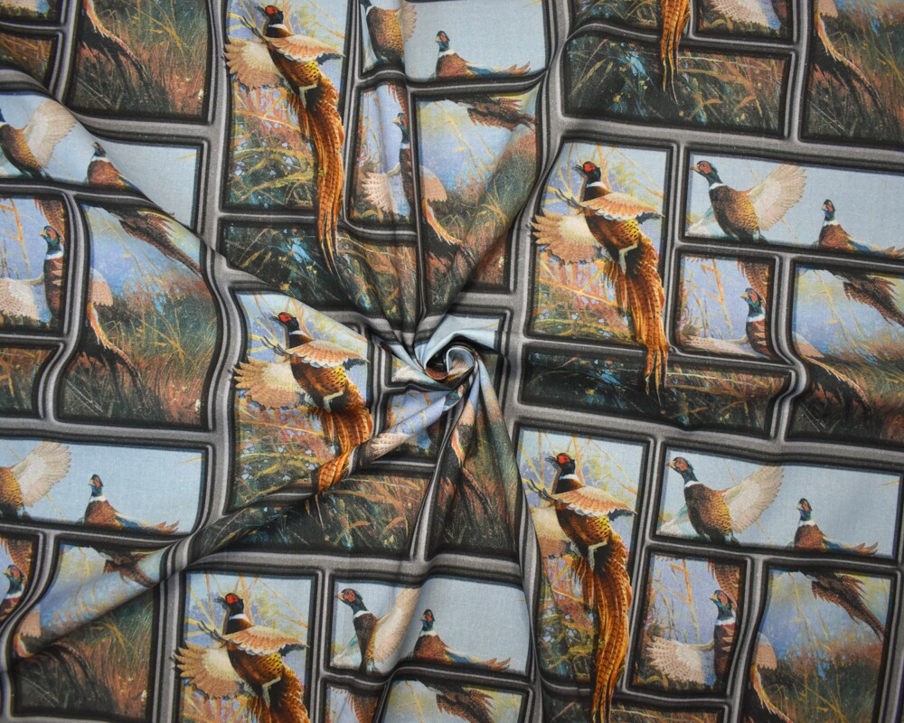 Blue-Brown-Multi Cotton Pheasant Flying High Printed Quilting Woven Fabric By the Yard