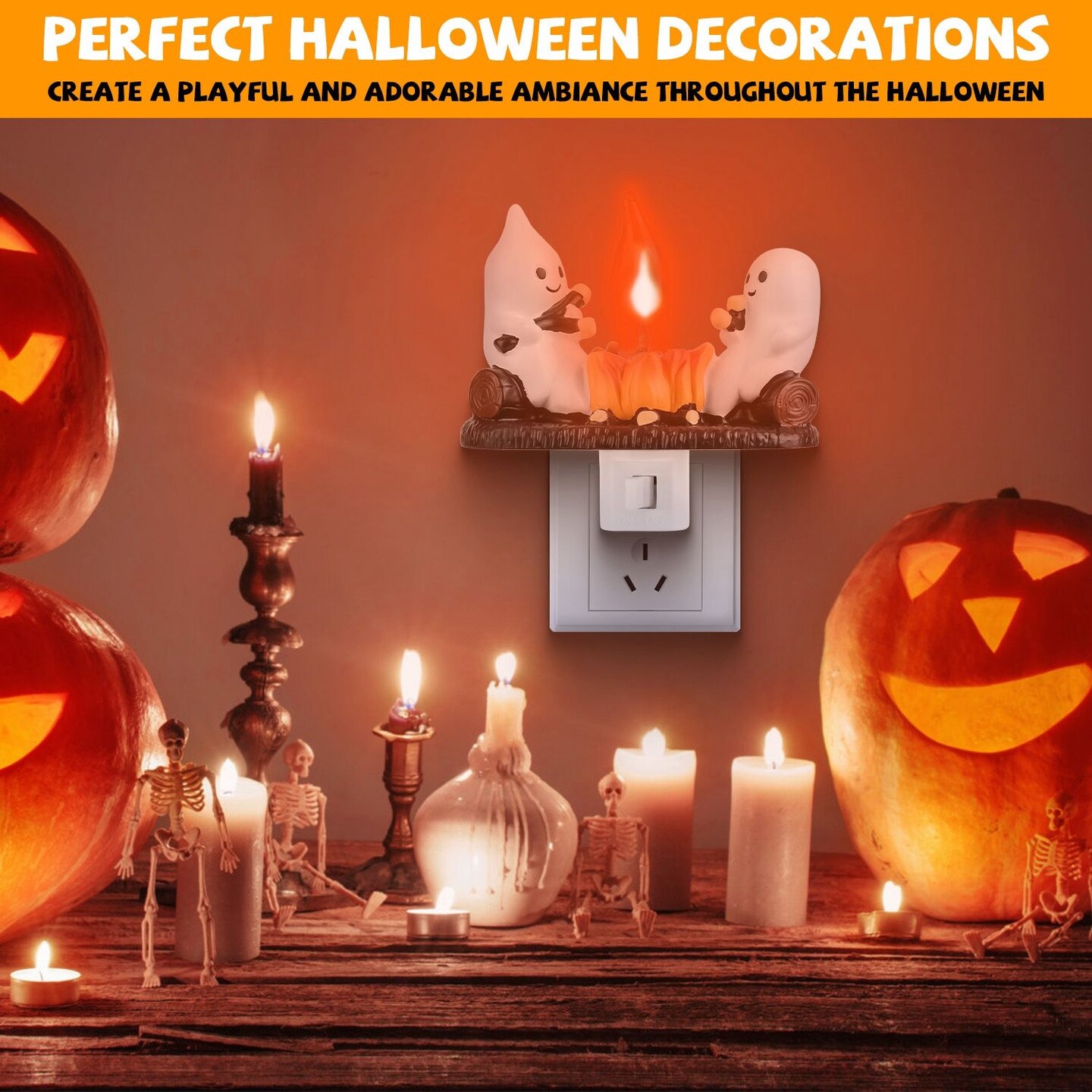 2Pcs Ghost Campfire Flickering Flame Night Light Indoor 3D Funny Halloween Nightlight Decoration Bedroom Night Light Halloween Decoration Gift For Friends Family