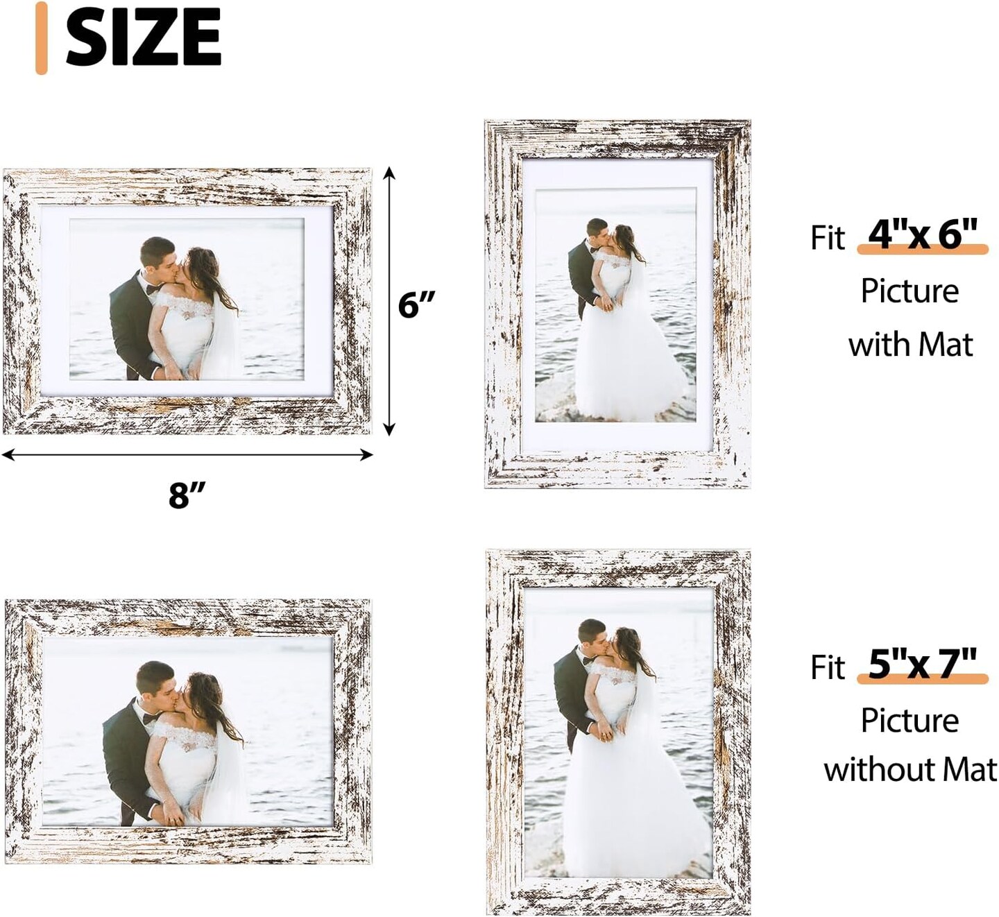 Pack of 5 - 5x7 Picture Frames with White Wood Grain and Glass Cover