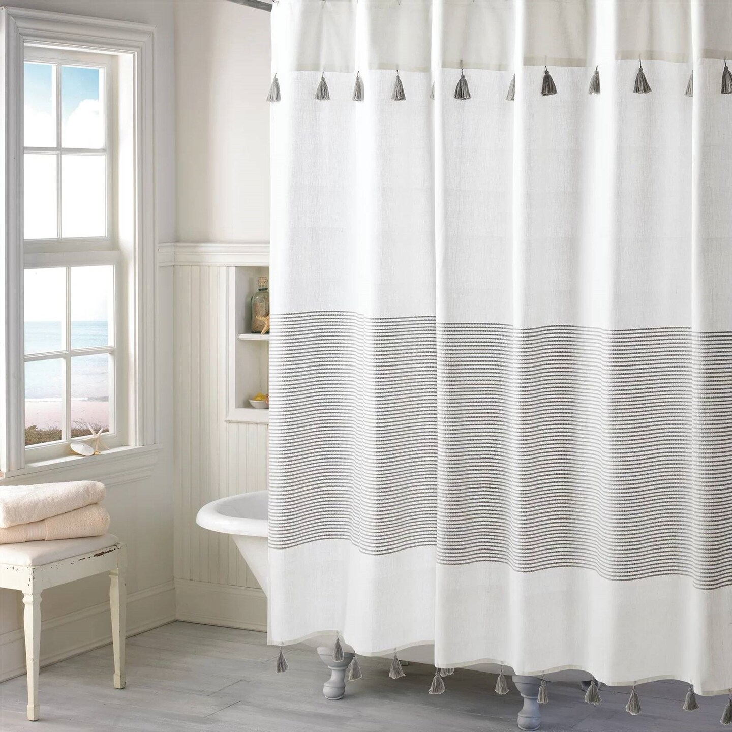 72-inch Stripes Cotton Shower Curtain with Tassels