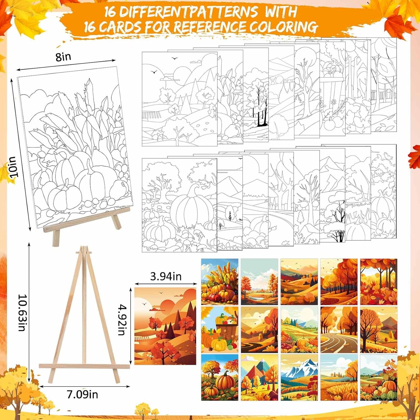16 Set Pre-Drawn Canvas Painting Kit &#x2013; 8x10 Inch with Easels &#x26; Brushes (Fall)