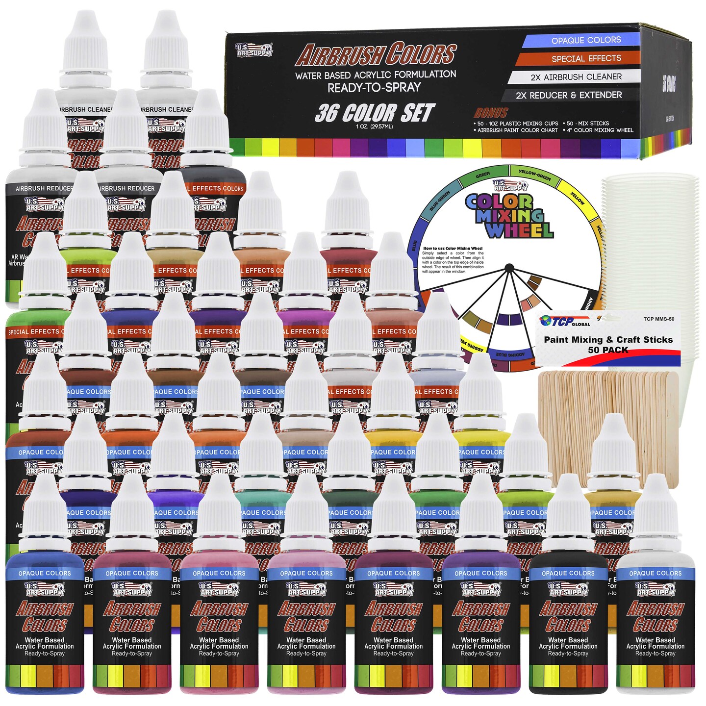 36 Color Acrylic Airbrush Paint Set; Opaque &#x26; Pearl Colors plus Reducer, Cleaner, Mixing Supplies &#x26; Color Mixing Wheel