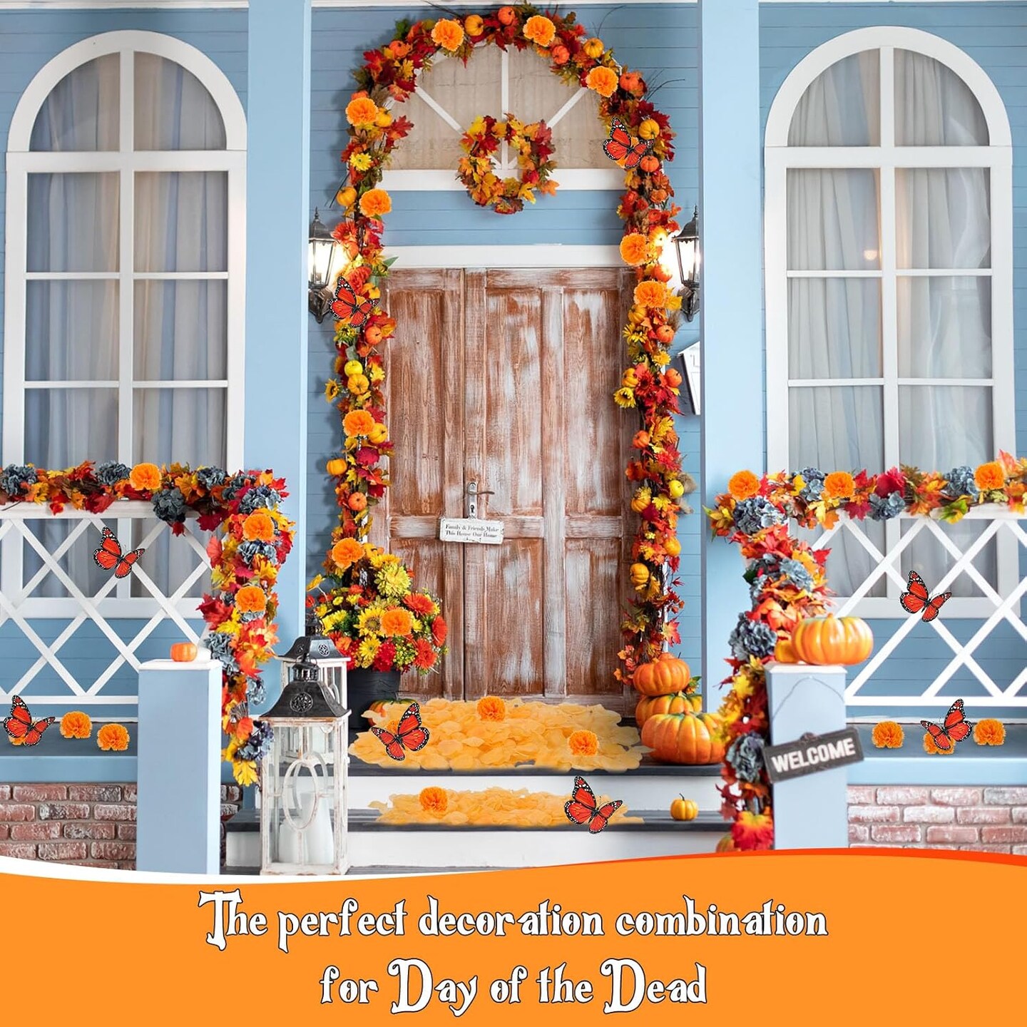 Day of the Dead Decors - 50 Pcs Marigold Flowers, 12 Artificial Butterflies, 500 Orange Flower Petals