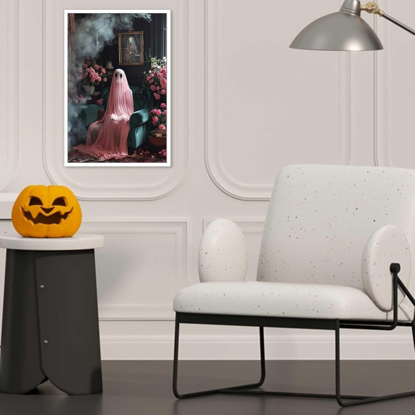 Retro Pink Ghost Halloween Poster - 12L&#x22; x 16W&#x22;