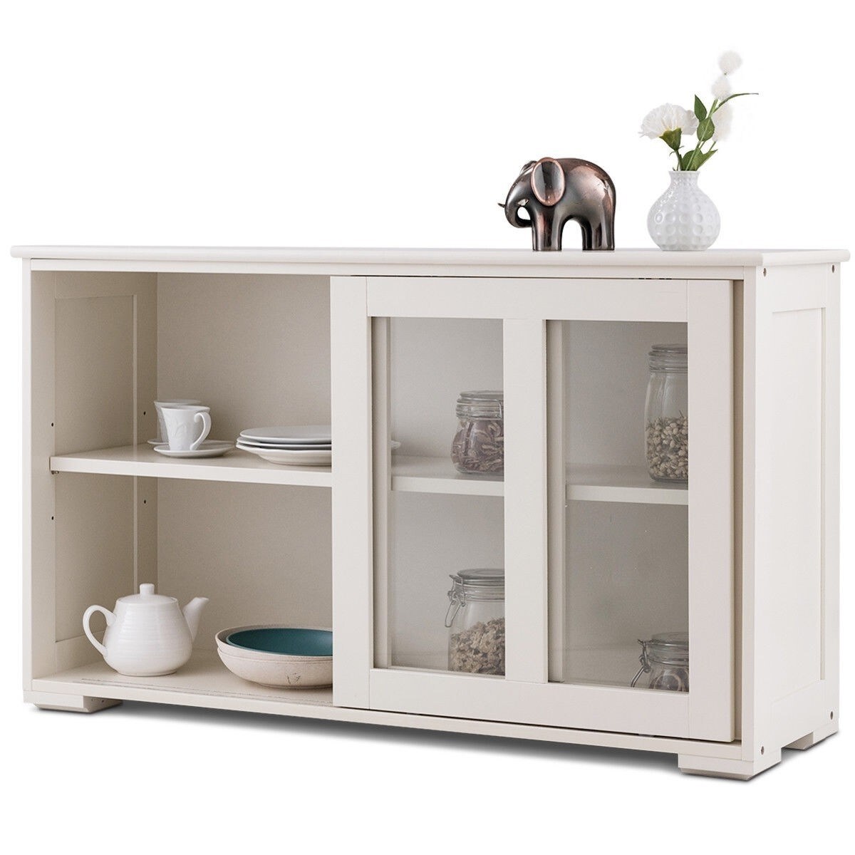 Modern White Buffet Sideboard Cabinet Kitchen Storage with Sliding Glass Doors MDF Wood 42 Inch