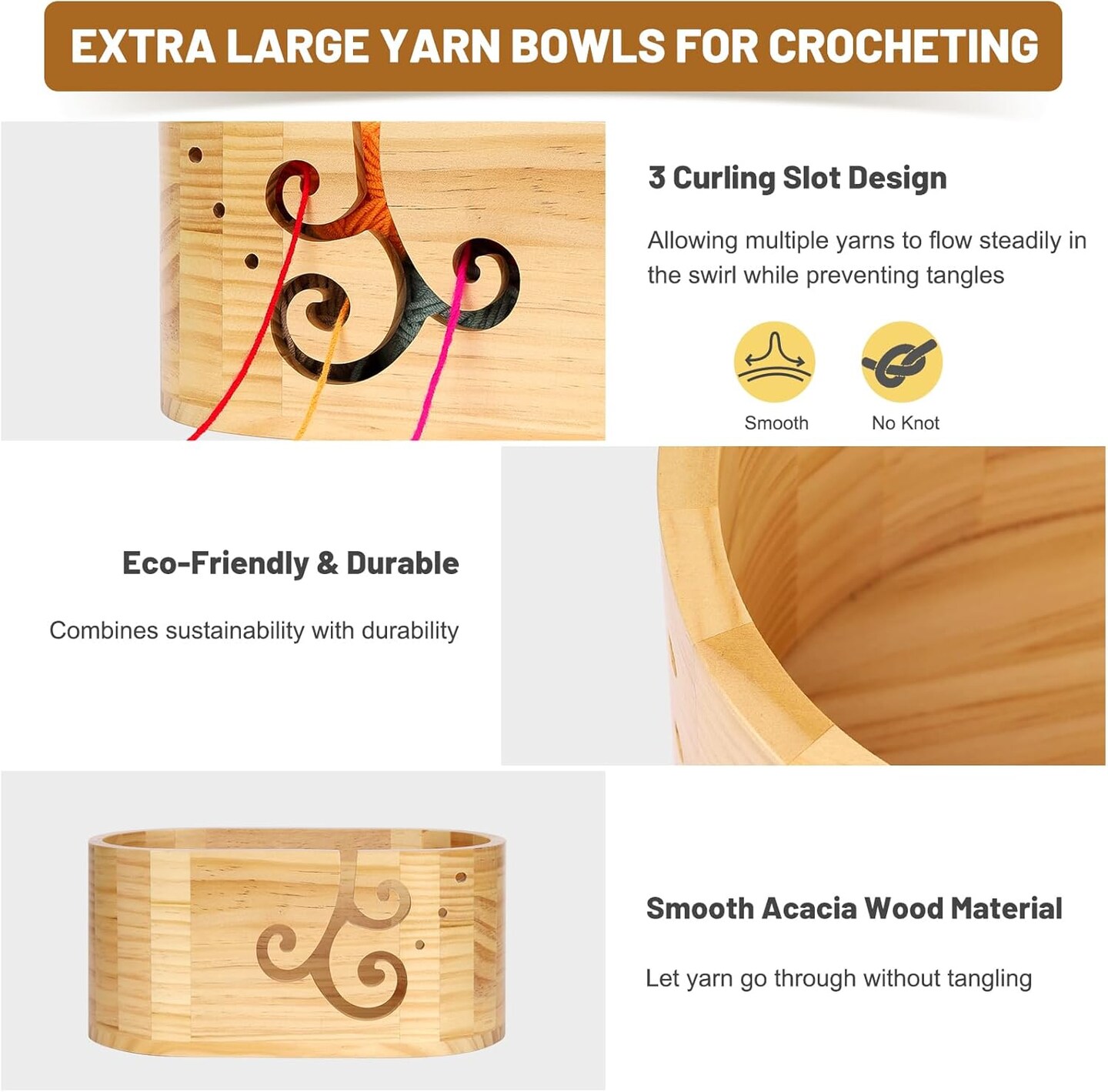 Wooden Yarn Bowl for Knitting, Yarn Holder for Crocheting with 3 Holes (light-brown)