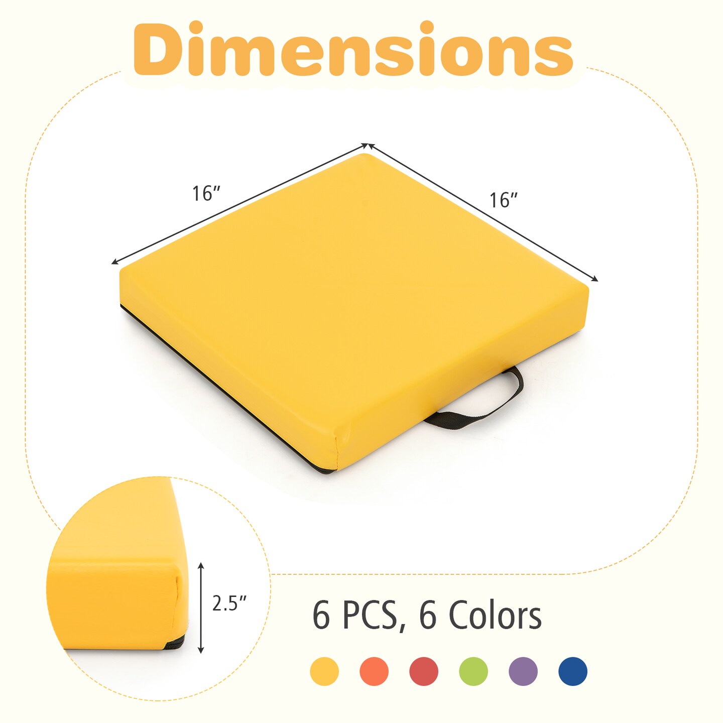 6-Piece Kids Floor Pillows Square Cushions with Carry Handles