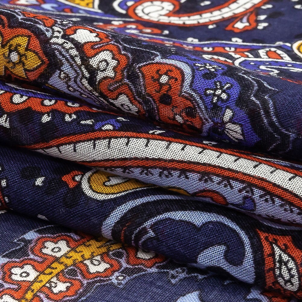1 Yard Gauzy Cotton Voile Navy Pompeian Red and Goldenrod Paisley Fabric