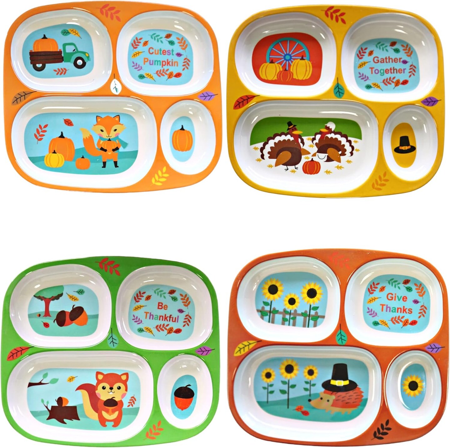 4E's Novelty 4 Pack Fall Thanksgiving Melamine Dinnerware Set for Kids – Sectioned Toddler Plates with Dividers, BPA-Free, Break Resistant, Dishwasher Safe, Autumn Harvest Plates for Toddlers
