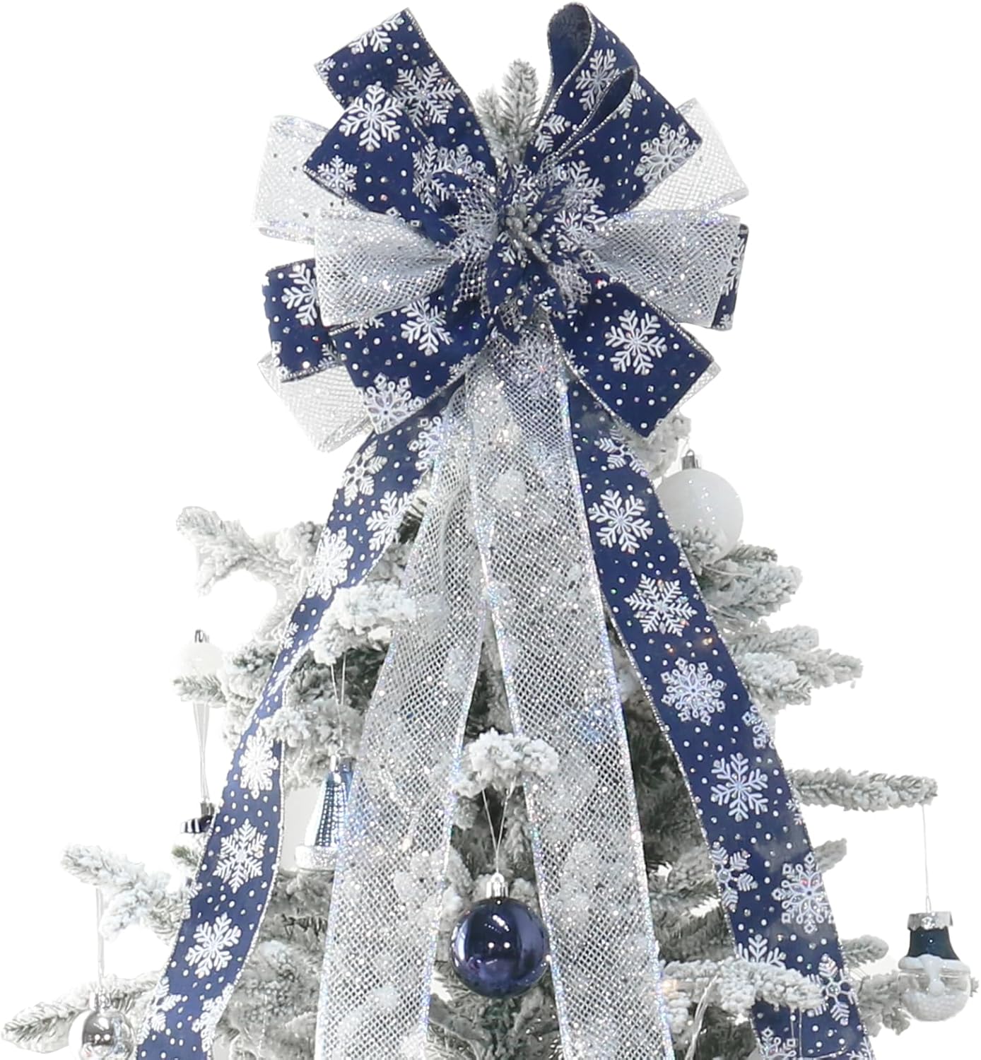 Bow Large Christmas Bow Tree Topper (Deep Blue White)