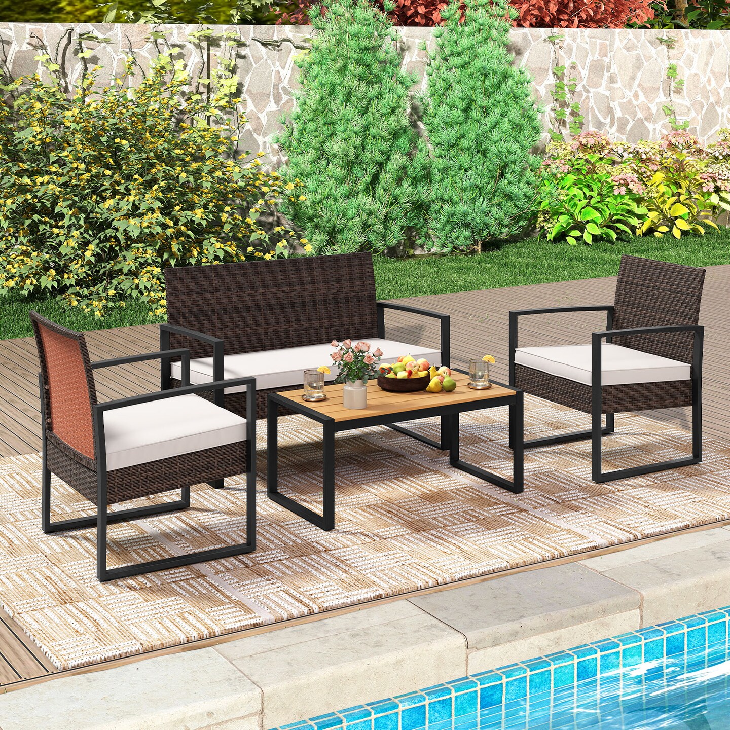 4-Piece Outdoor Patio Furniture Set with Cushions and Coffee Table