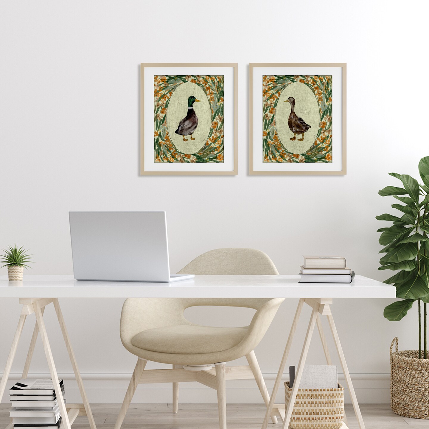 Stupell Industries Country Floral Duck Portraits 2pc Framed Print Under Glass Set, design by Yen