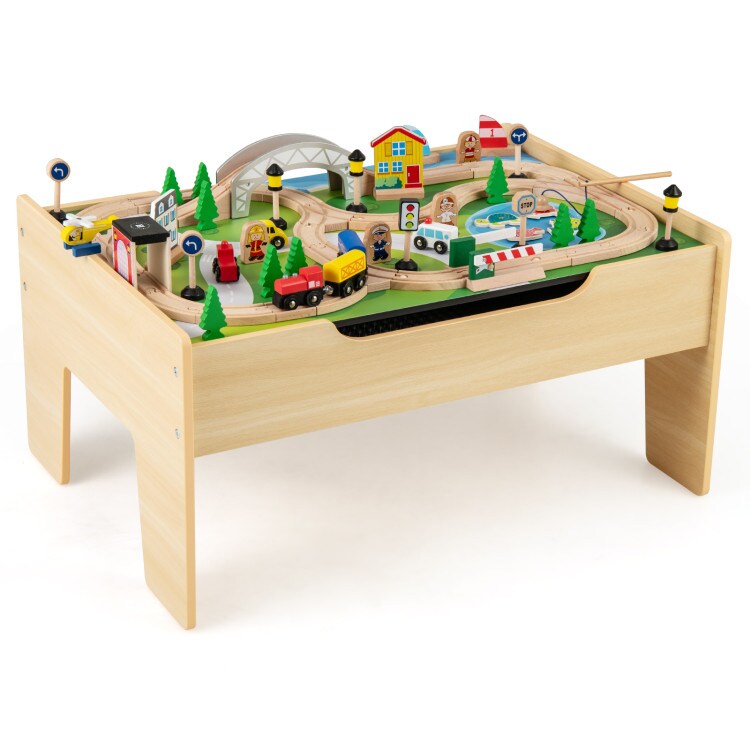 78-Piece Wooden Train Table Playset for Kids with Chalkboard and Map Board Storage