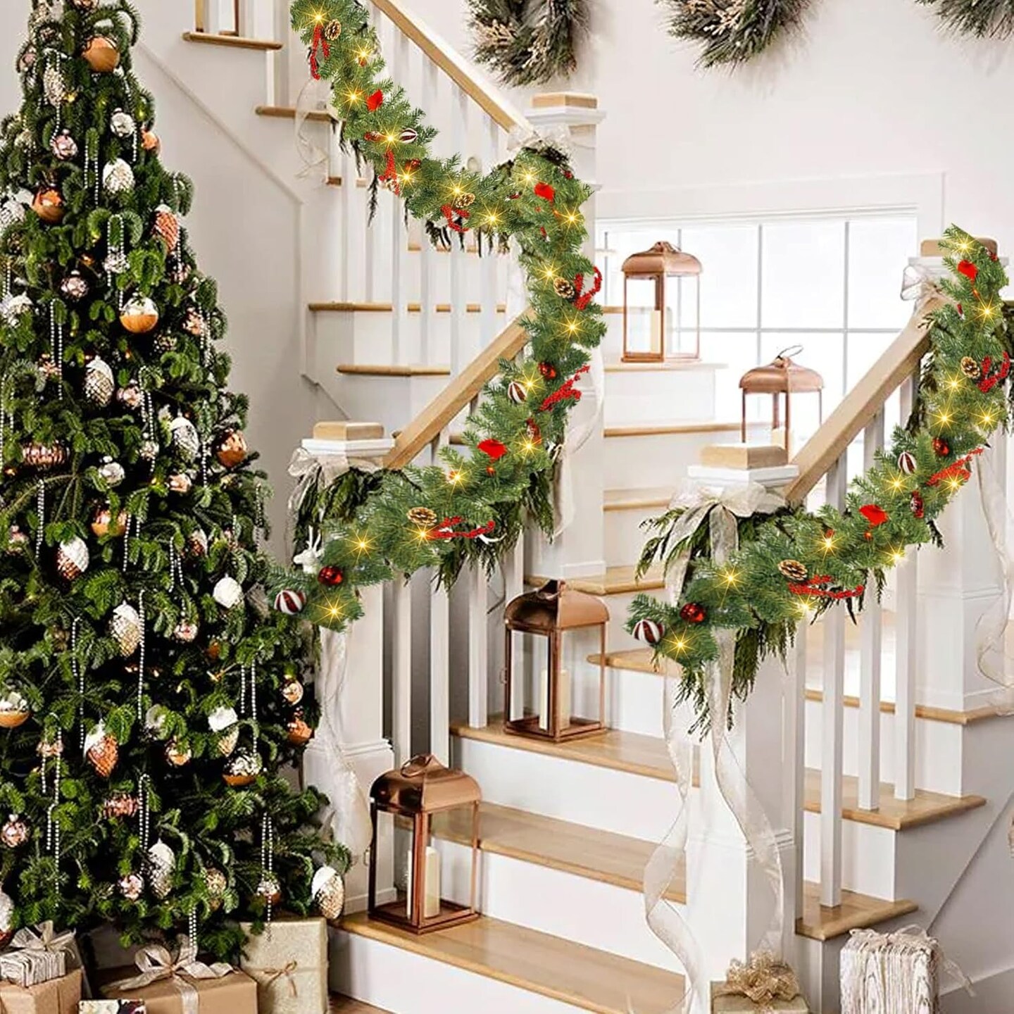 1 Pack 9FT Christmas Garland with 50 LED Lights - Battery Operated with 8 Modes