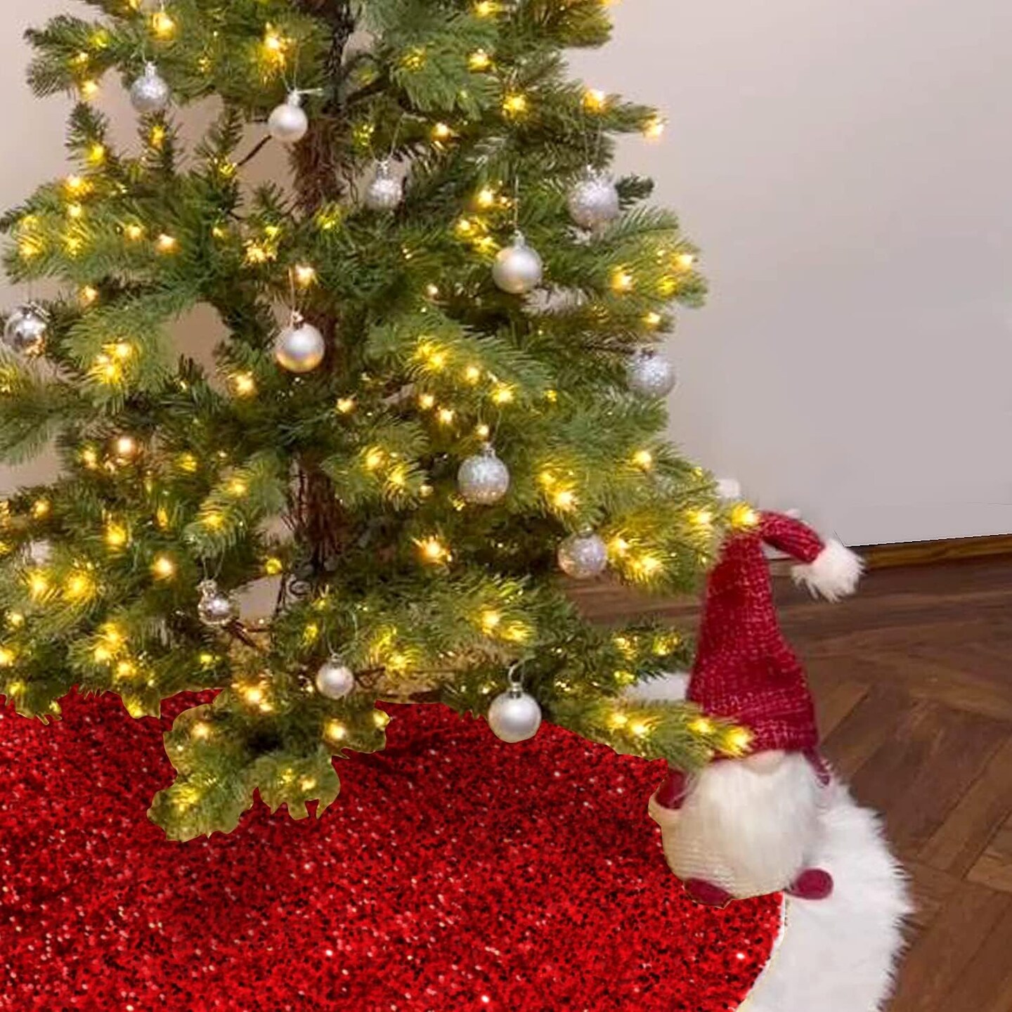 Christmas Tree Skirt 48 Inch Shiny Red (Red)