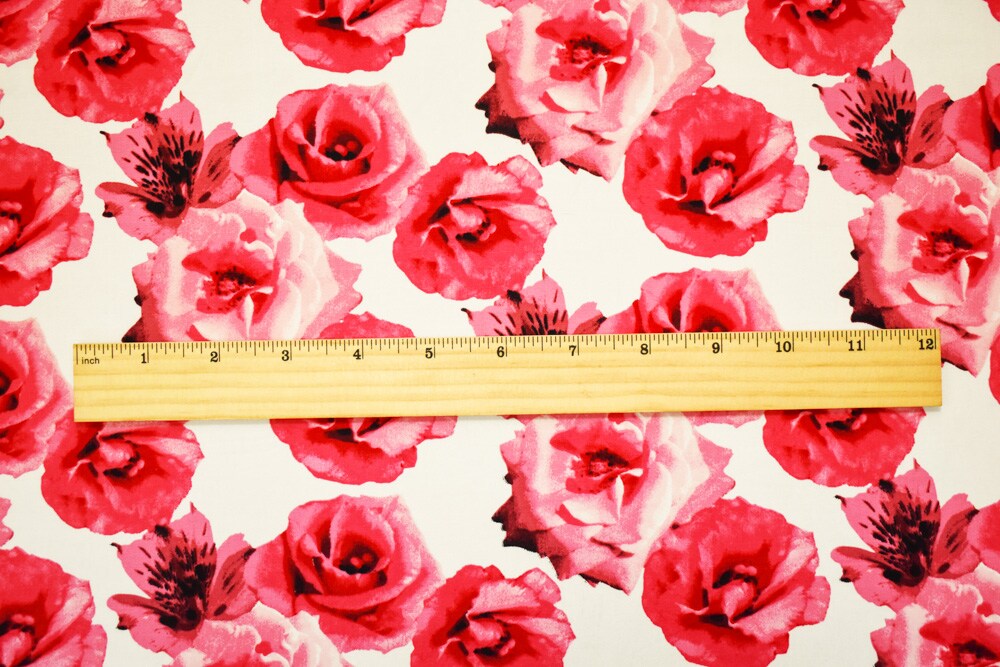 Pink-Off-White Cotton Stretch Spandex Floral Printed Poplin Woven Fabric By the Yard