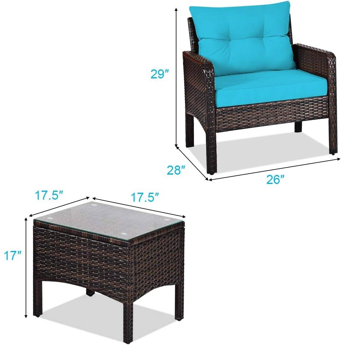 3-Piece Brown PE Rattan Patio Furniture Set with Turquoise Cushions