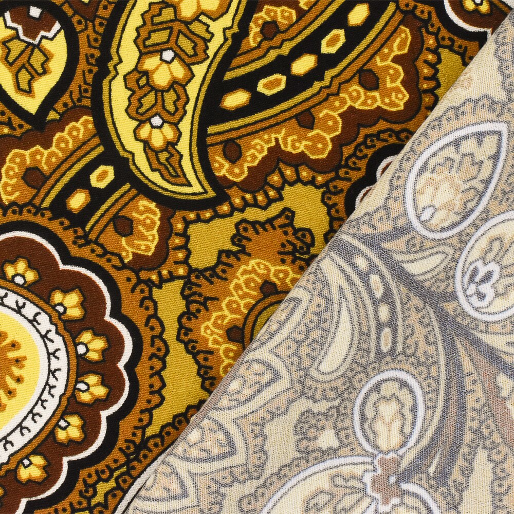Yellow-Multi Famous Designer Viscose Paisley Printed Crepe Faille Fabric By the Yard