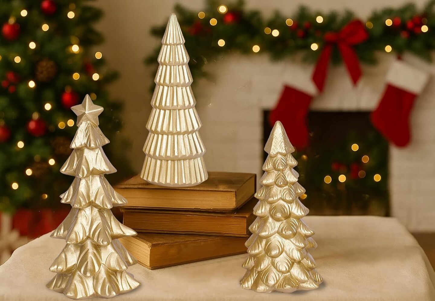 Set of 3 Christmas Tree Figurines Tabletop Decoration (Gold)