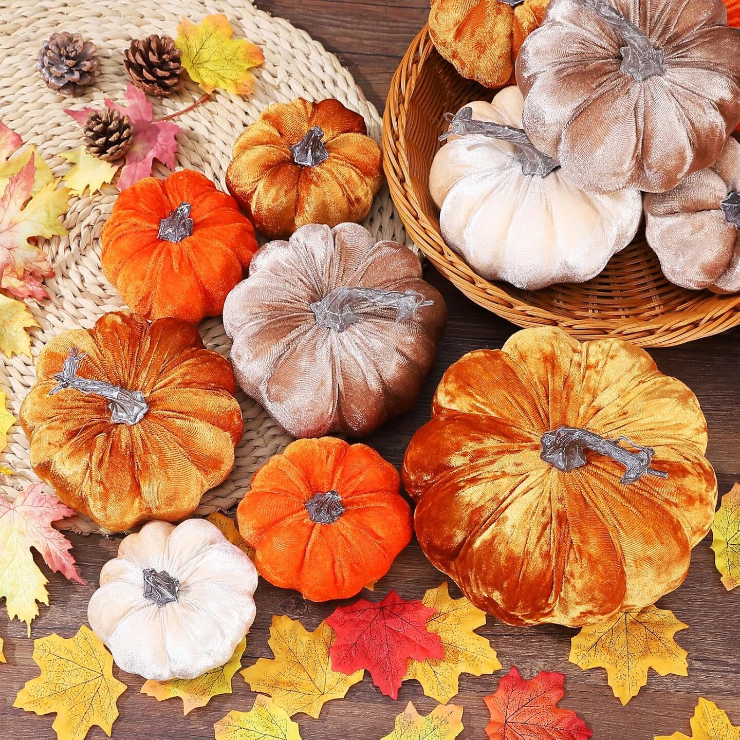 2pcs Velvet Fake Pumpkins Fall Harvest (Beige Coffee)