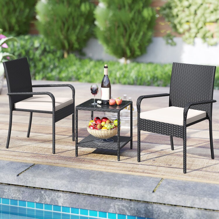 3-Piece Hand-Woven PE Rattan Garden Bistro Set with Cushioned Chairs and Double-Tier Table