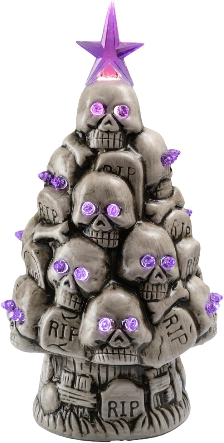 Battery Operated Halloween Gothic Skeleton Tree Tabletop Decor(Ceramic Rip Tombstone Tree)