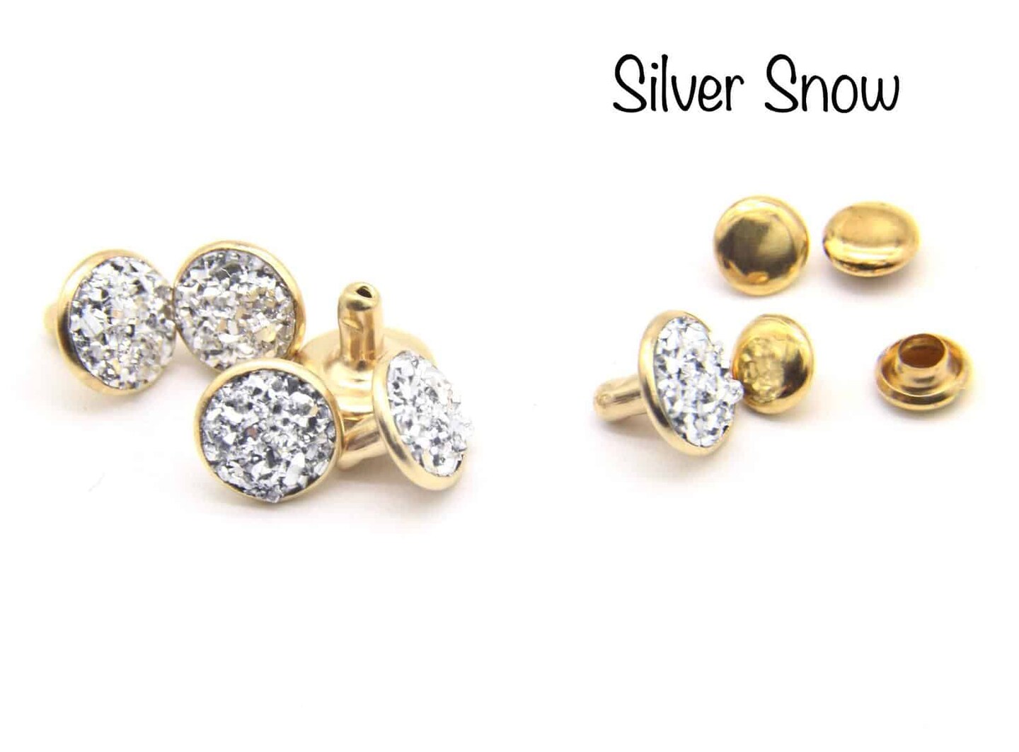 Silver Snow Drusy Rivets in Gold Post