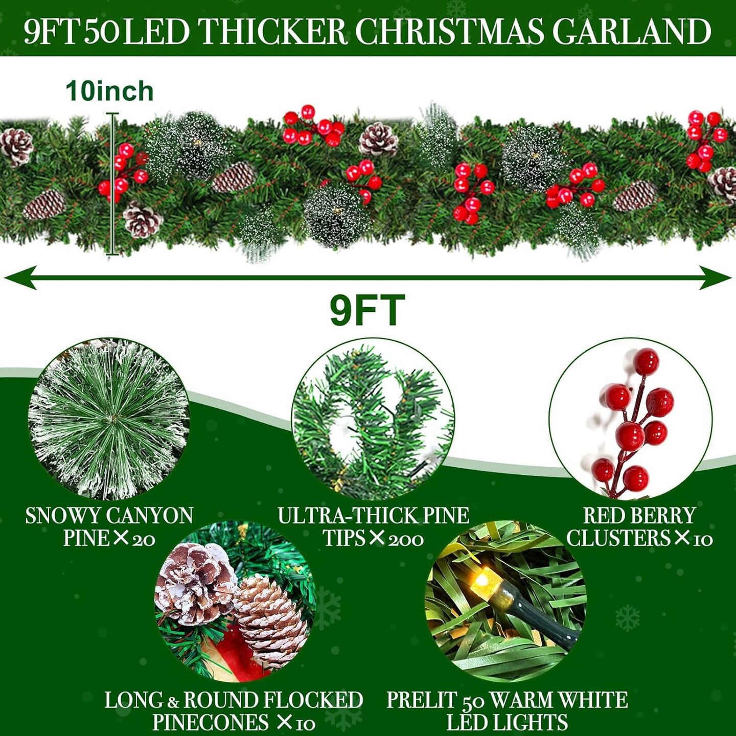 Christmas Garland with Branches, Red Berries & Pinecones - 9 Ft by 10 Inch (50 Warm White LEDs)