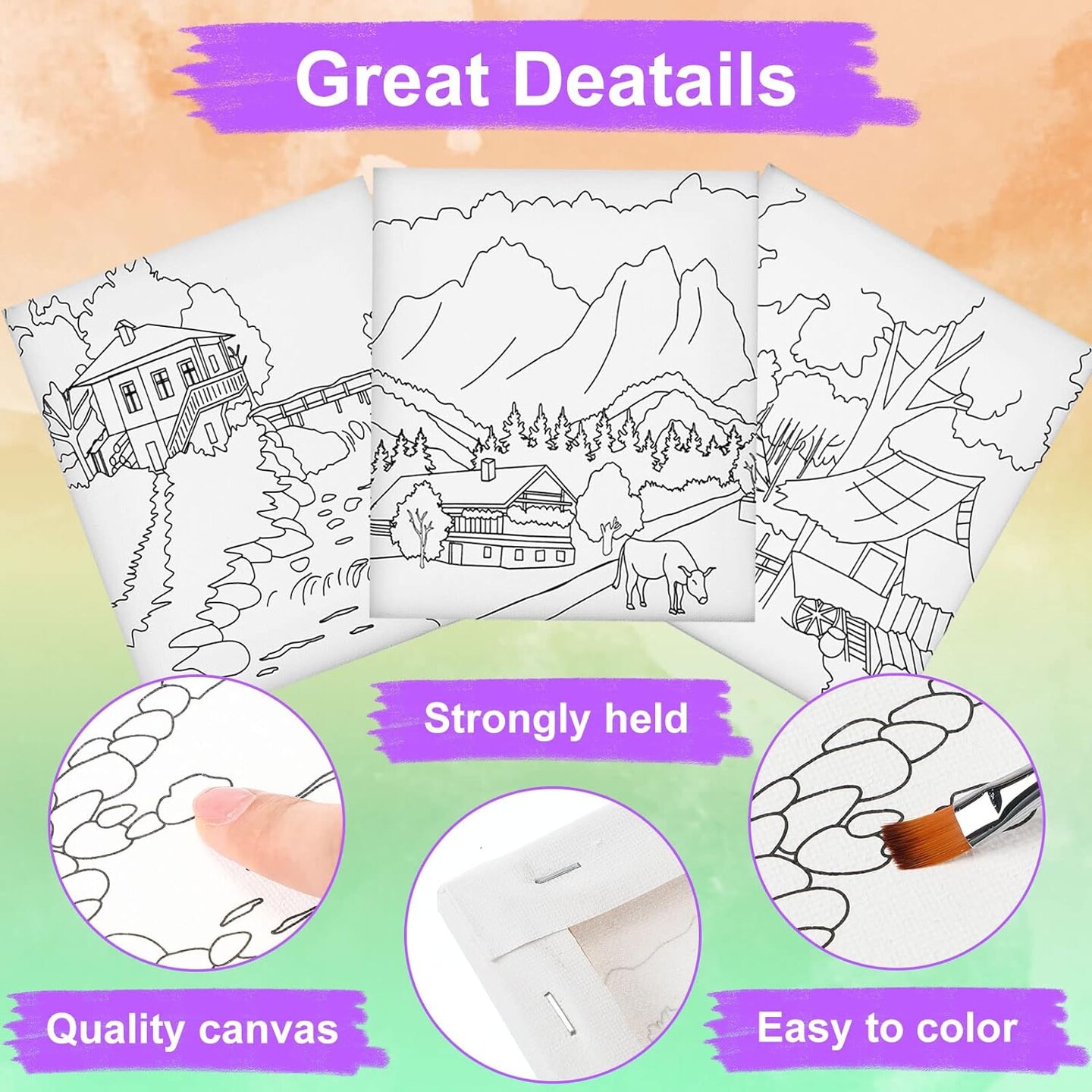 12 Pcs Pre Drawn Stretched Canvas Kit for Adults Painting Pre Printed Canvas Outline for DIY Painting Party Favor,6 x 6 x 0.6 Inches(Landscape)