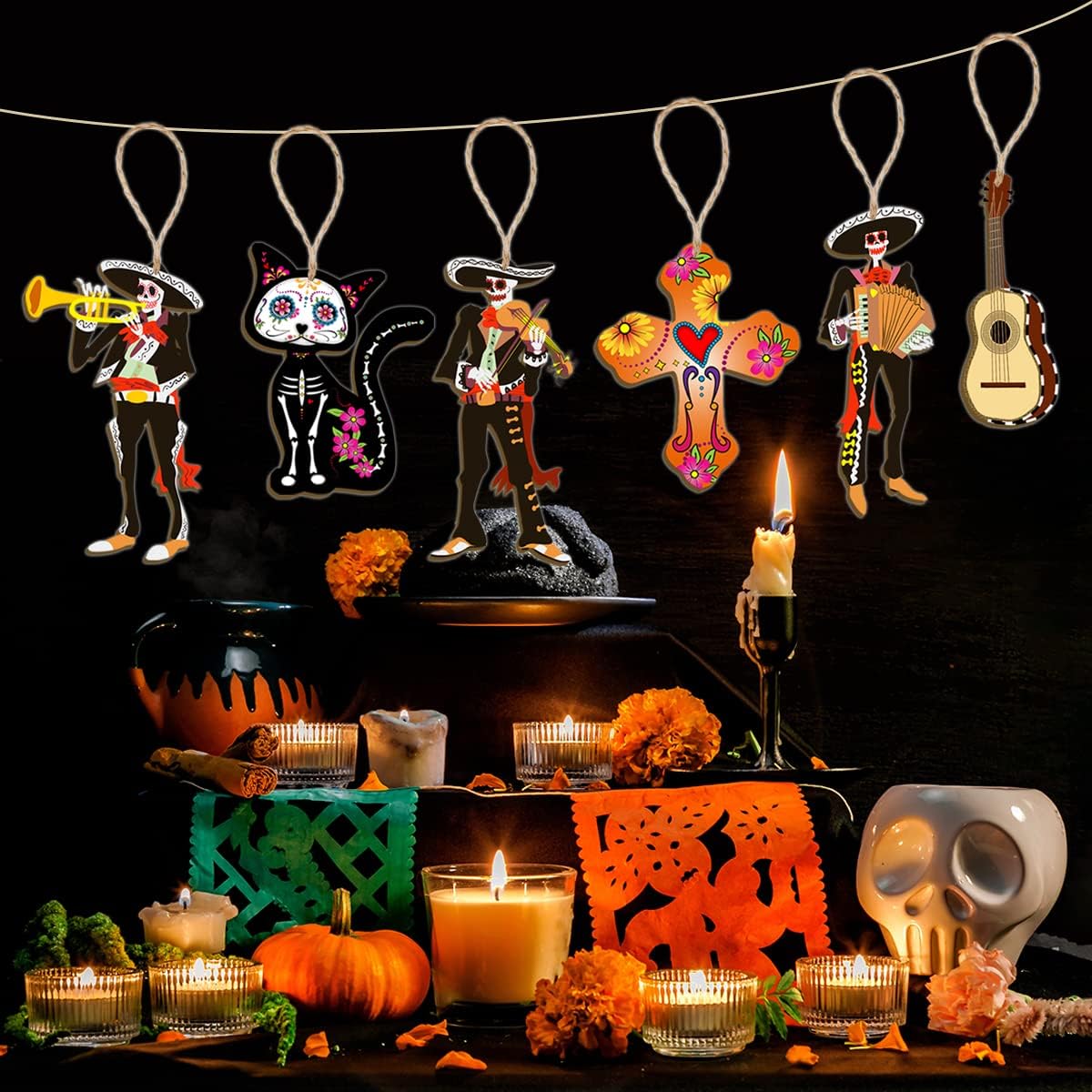 Dia De Los Muertos Decorations-30Pcs Day of the Dead Wood Ornaments Sugar Skull Hanging Wooden Sign