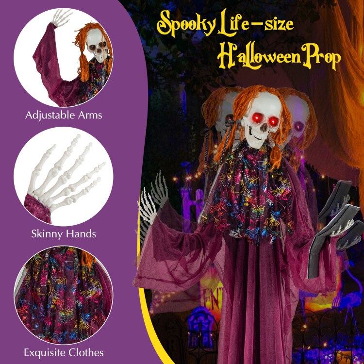 Life-Size 6ft Purple Halloween Animated Girl Prop with Moving Arms Sound and Flashing Eyes