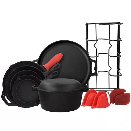 12-Piece Cast Iron Cookware Set with Skillets Dutch Oven Pizza Pan and Silicone Grips