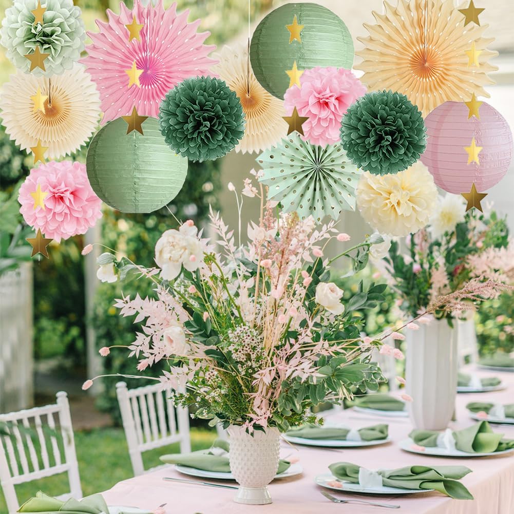 Sage Green and Pink Party Decorations Baby Shower Girl Olive Green and Light Pink Birthday Decorations Paper Lanterns Sage Beige Fans Pom Poms for Bridal Shower Wedding Engagement Nursery Decor