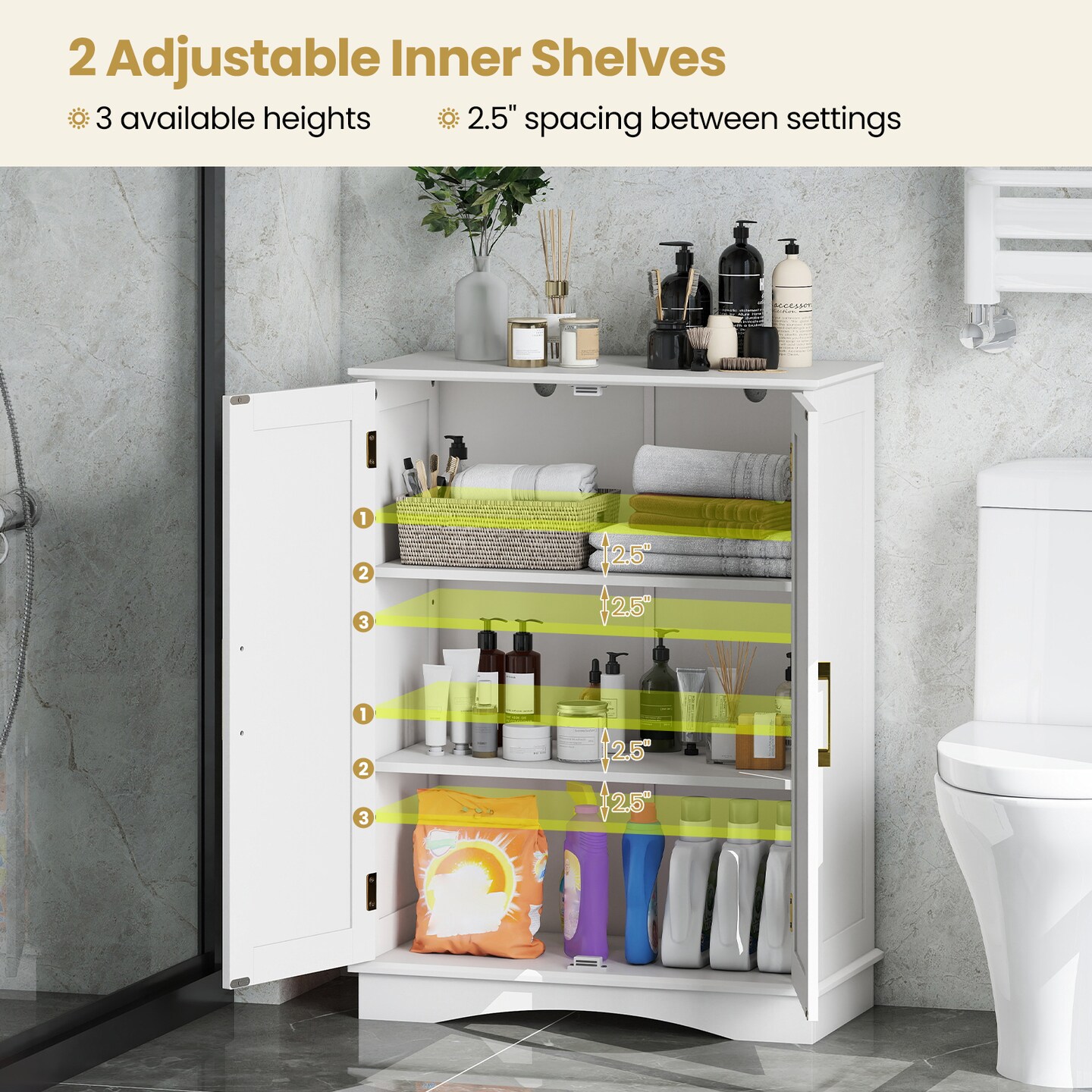 Bathroom Cabinet with 2 Doors, Adjustable Shelves, and Handles