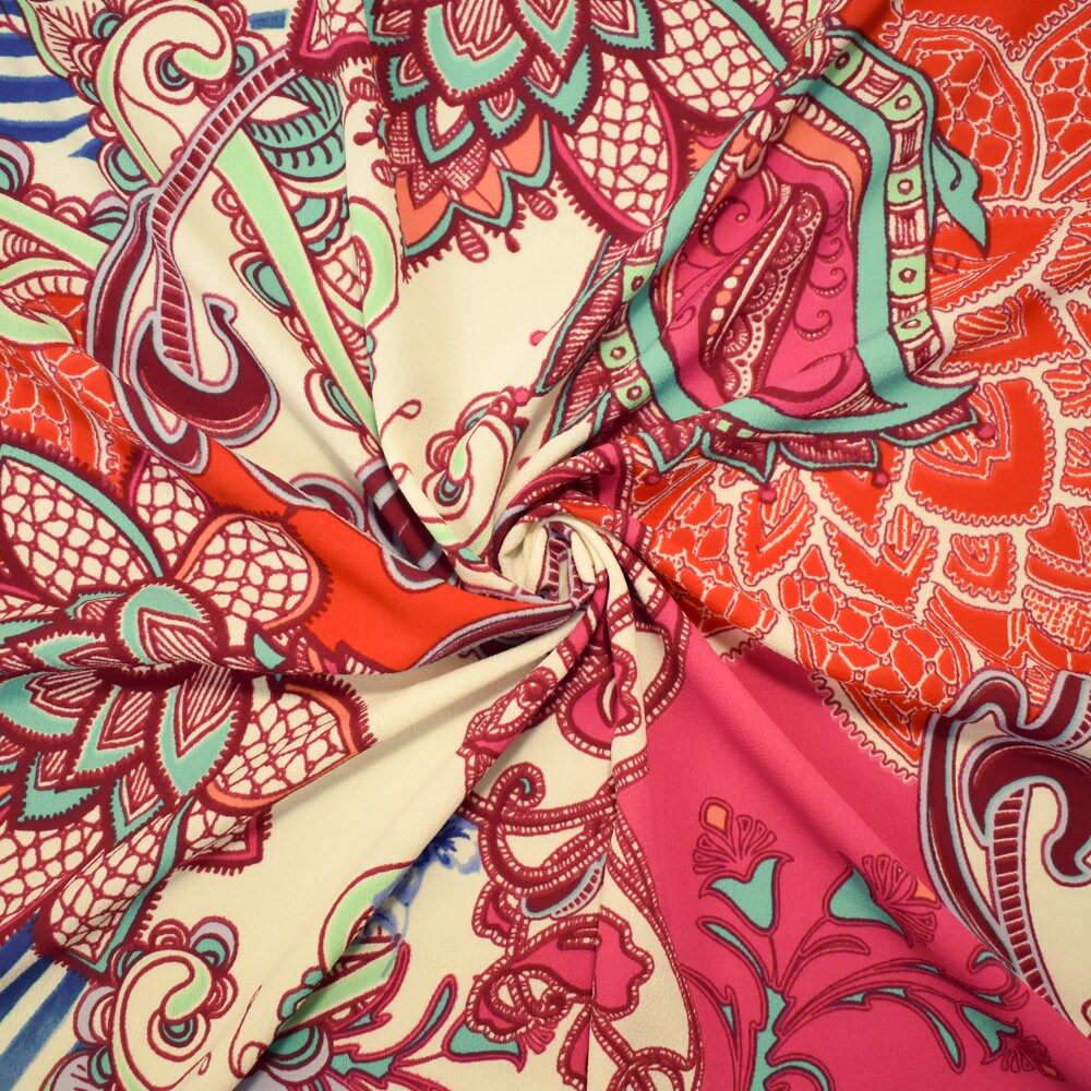 Red-Ivory-Multi Poly Paisely Floral Print Pebble Crepe Woven Fabric By the Yard
