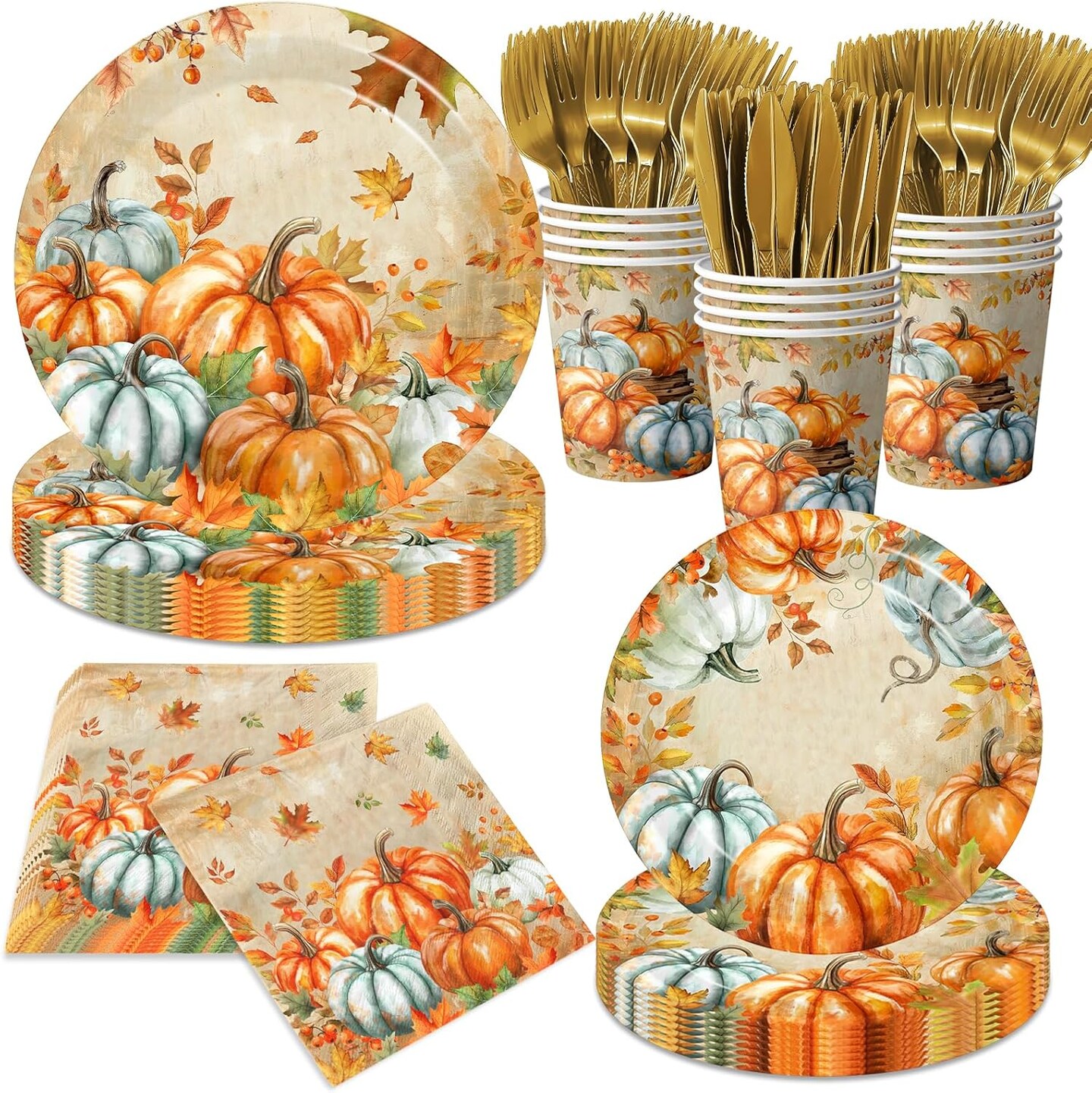 144pcs Serves 24 - Thanksgiving Paper Plates and Napkins Sets,144pcs Watercolor Retro Pumpkin(Retro)9&#x22;L x 0.04&#x22;W x 9&#x22;Th