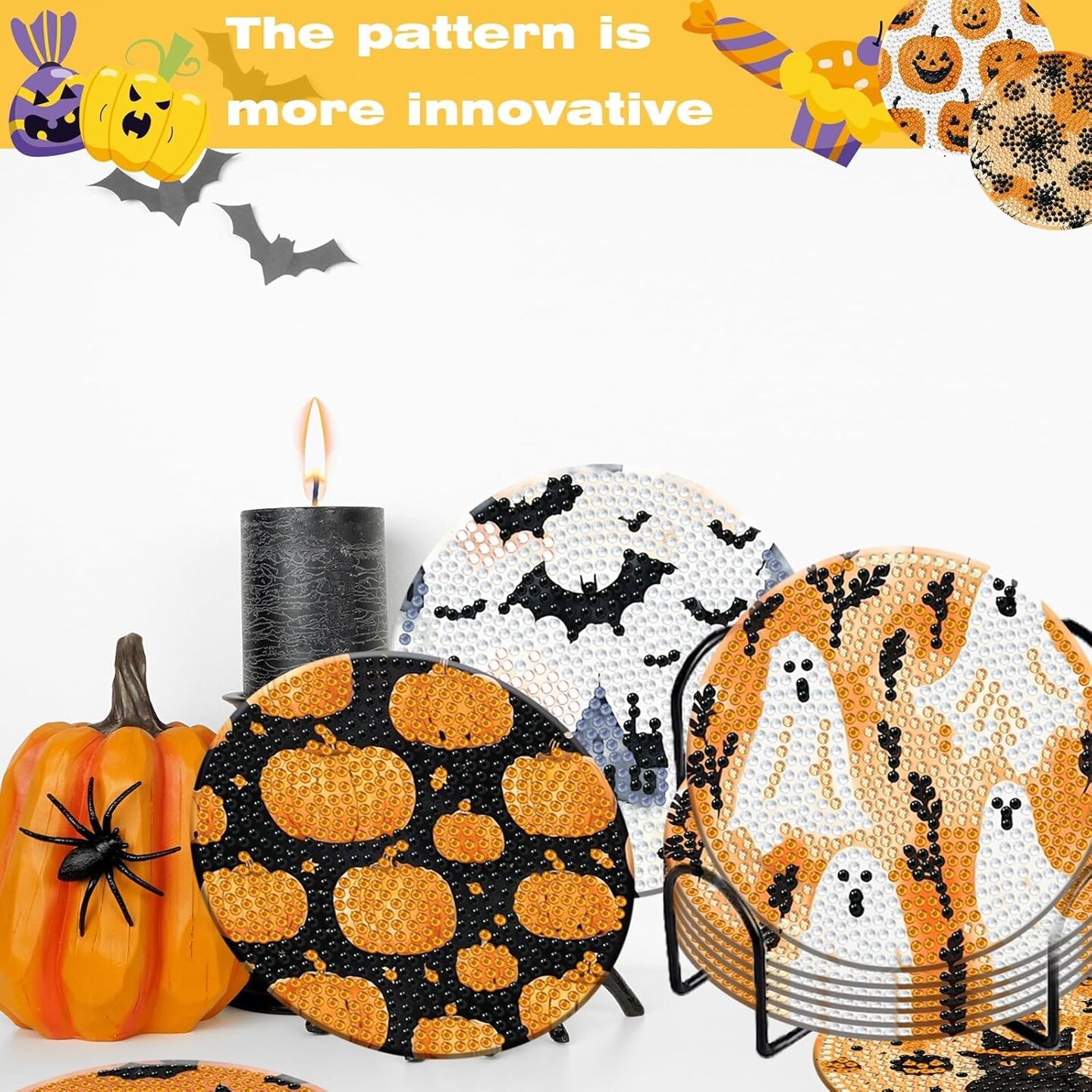 8 Pieces Halloween Diamond Art Coasters with Holder – 5D Full Drill DIY Diamond Dot Coaster Kit for Adults, Halloween Gift & Table Decor