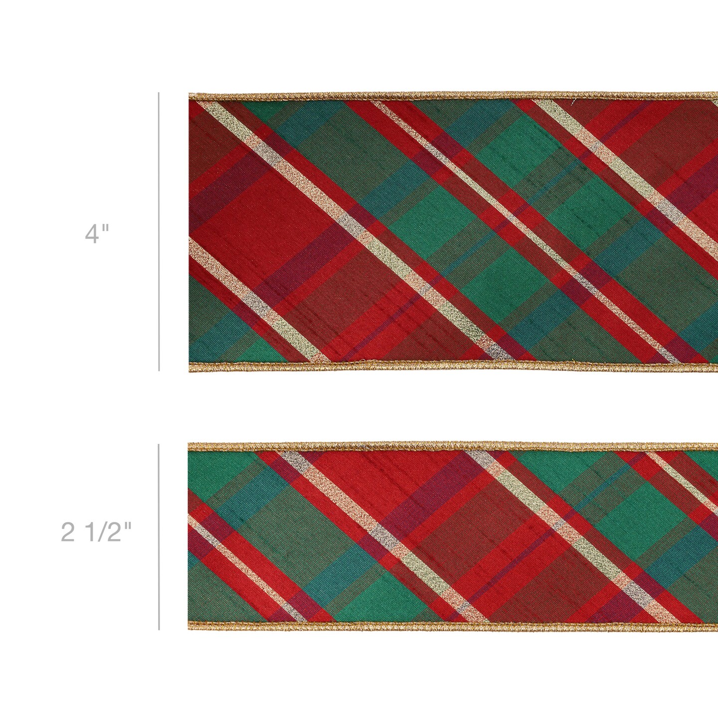 LaRibbons 4&#x22; - 2 1/2&#x22; Wired Dupioni Ribbon | Red/Green/Gold Plaid Bias Cut w/ Double-Fused Gold Backing | 10 Yard Roll