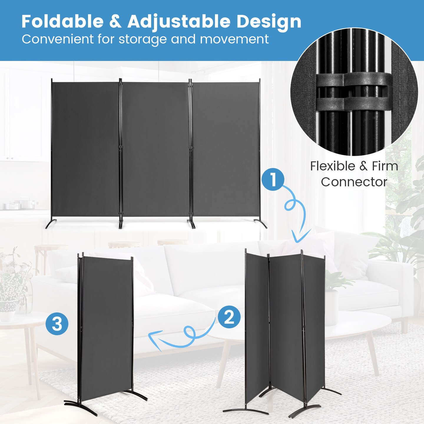 Black 8.5x6 ft Foldable Room Divider Screen with Polyester Fabric and Steel Frame for Privacy and Space Separation