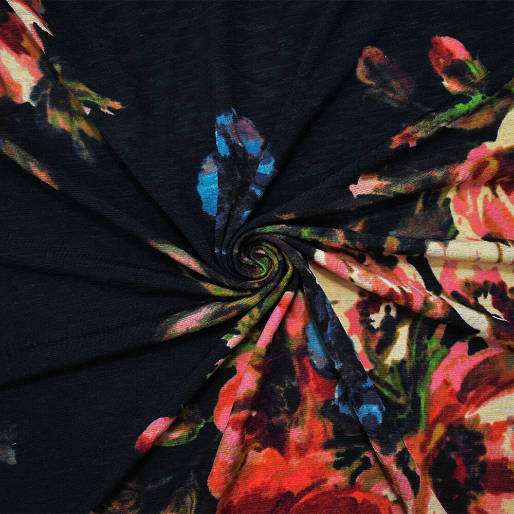 Black-Multi Poly Floral Print Stretch Spandex Onion Skin Jersey Knit Fabric By the Yard