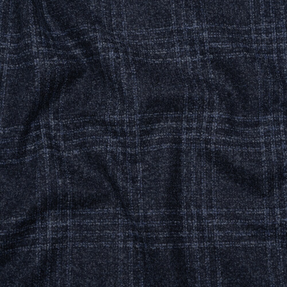 RADYAN; 1 Yard Blue and Navy Plaid Wool Silk Cashmere Boucle Suiting Soft 60 inch Width; Category:Bottom Weights; Image:1