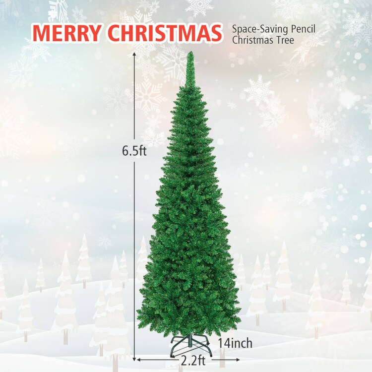 6.5 ft Slim Pencil Christmas Tree with 250 Warm White LED Lights and 708 PVC Tips