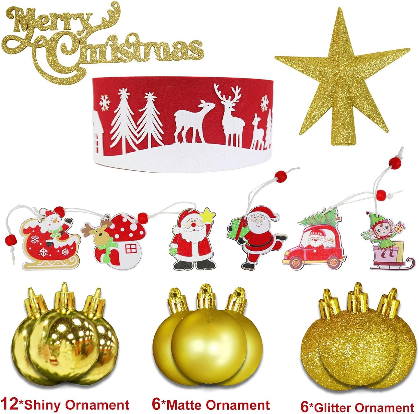 24 Inch Mini Tabletop Christmas Tree with Timer 30 LEDs &#x26; 34 Ornaments (Green Red Gold)